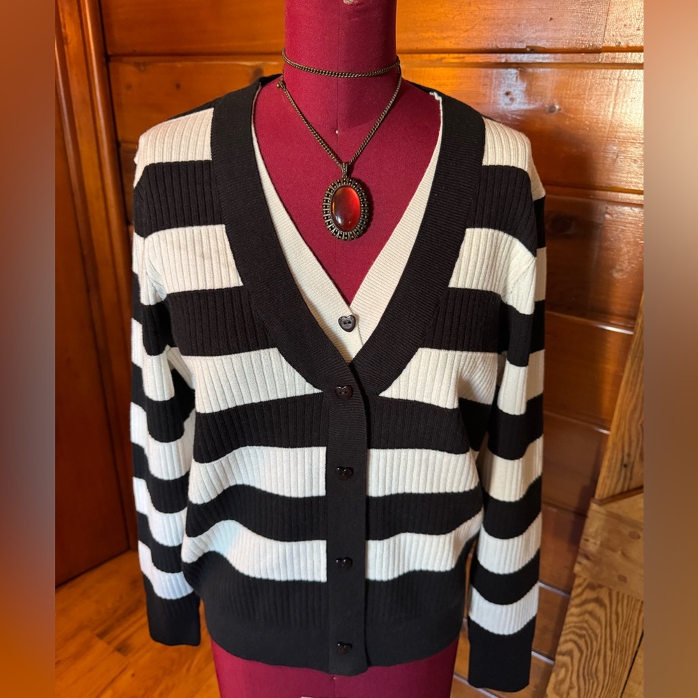 ALISON SHERI  Black & White Striped Sweater Cardigan
